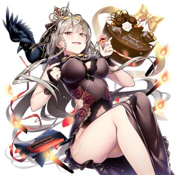 Rule 34 | 1girl, bird, black bridal gauntlets, black dress, braid, breasts, bridal gauntlets, cake, chocolate cake, cleavage, crow, dress, floral print, floral print dress, food, giuniu, grey hair, hitodama, jewelry, large breasts, long hair, morrigan rufei, orange eyes, pendant, print dress, rose print, side slit, smile, uchi no hime-sama ga ichiban kawaii