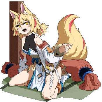 1girl animal_ear_fluff animal_ears arm_support bare_shoulders black_leotard blonde_hair boots commentary_request cropped_jacket fang fox_ears fox_girl fox_mask fox_tail full_body hair_intakes heattech_leotard highres jacket japanese_clothes kimono leotard looking_at_viewer mask medium_hair multicolored_hair off-shoulder_jacket off_shoulder on_floor open-toe_boots open_clothes open_jacket open_mouth orange_hair original pelvic_curtain shide short_twintails sitting streaked_hair tail tatami thick_eyebrows turtleneck twintails wariza white_background yellow_eyes yoshimaro