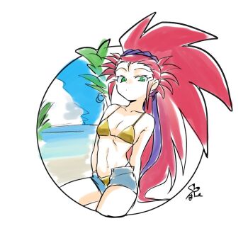 1girl arms_behind_back beach bikini blue_sky border breasts cloud collarbone commentary_request denim denim_shorts green_eyes hair_ribbon hakubi_washuu long_hair looking_at_viewer meyama_mamezou navel ocean open_fly outside_border palm_tree purple_ribbon red_hair ribbon shorts sidelocks sky small_breasts solo swimsuit tenchi_muyou! translation_request tree white_border yellow_bikini