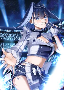 1girl absurdres black_shorts blue_eyes blue_hair blue_nails blue_necktie bow bow_earrings breasts buttons chain chain_headband cleavage comiket_105 commentary_request concert crinoline cropped_jacket crowd double-breasted earrings fanged_bangs frilled_jacket frills glowstick grin hair_intakes half-skirt headband highres holding holding_microphone hololive hololive_english hololive_idol_uniform_(bright) idol idol_clothes jacket jewelry looking_at_viewer microphone midriff mizuhasi nail_polish navel necktie official_alternate_costume ouro_kronii overskirt penlight_(glowstick) plaid_clothes plaid_shorts pleated_skirt reaching reaching_towards_viewer short_hair short_necktie shorts single_sleeve skirt smile solo virtual_youtuber white_jacket white_skirt wrist_cuffs