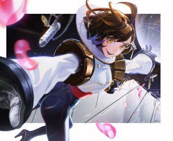 1girl black_gloves black_pants boots border borrowed_character breasts brown_eyes brown_hair commentary cowlick english_commentary etama_quomo fang foreshortening gloves high_heel_boots high_heels jacket liquid medium_breasts open_mouth original outside_border pants planet satellite short_hair skin_tight smile solo space white_border white_jacket