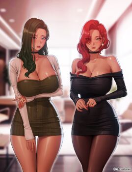 2girls absurdres bare_shoulders black_choker blurry blurry_background blush breasts ceo_(ceo_and_bodyguard) ceo_and_bodyguard choker cleavage covered_navel dress earrings green_hair hair_over_one_eye highres jewelry large_breasts mature_female mole mole_under_mouth multiple_girls off_shoulder pantyhose red_hair ring roborobocap short_dress standing strapless strapless_dress wedding_ring