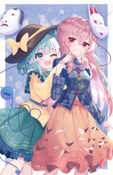 Rule 34 | 2girls, absurdres, black hat, blue shirt, border, bow, bowtie, bubble skirt, collared shirt, commentary request, cowboy shot, crossed bangs, exusiai dust, forced smile, fox mask, frilled shirt collar, frilled skirt, frills, from side, green eyes, green hair, green sailor collar, green skirt, hair between eyes, hat, hat bow, hat ribbon, hata no kokoro, highres, hyottoko mask, komeiji koishi, long hair, long sleeves, mask, multiple girls, one eye closed, open mouth, orange shirt, pink hair, plaid clothes, plaid shirt, purple bow, purple bowtie, red eyes, ribbon, sailor collar, shirt, skirt, smile, third eye, touhou, white border, yellow bow, yellow ribbon, yellow shirt