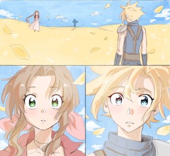 Rule 34 | 1boy, 1girl, aerith gainsborough, armor, belt, bervens12, blonde hair, blue eyes, blue shirt, blue sky, braid, braided ponytail, brown belt, brown hair, cloud strife, commentary, dress, earrings, english commentary, falling petals, field, final fantasy, final fantasy vii, final fantasy vii rebirth, final fantasy vii remake, flower, flower field, green eyes, hair between eyes, hair ribbon, highres, jacket, jewelry, light blush, long hair, looking at another, outdoors, parted bangs, parted lips, pauldrons, petals, pink dress, pink ribbon, red jacket, ribbon, shirt, short hair, shoulder armor, sidelocks, single braid, single earring, single pauldron, sketch, sky, sleeveless, sleeveless turtleneck, spiked hair, suspenders, turtleneck, wide-eyed, yellow petals