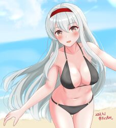 Rule 34 | 1girl, :d, alternate costume, ame-san, bare shoulders, beach, bikini, black bikini, breasts, brown eyes, cleavage, collarbone, cowboy shot, dated, grey hair, hairband, highres, kantai collection, large breasts, long hair, looking at viewer, navel, open mouth, red hairband, shoukaku (kancolle), smile, solo, swimsuit, twitter username