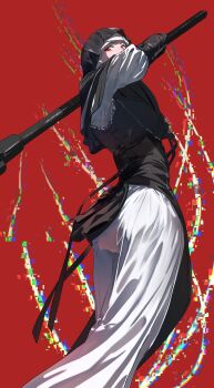 Rule 34 | 1girl, arms up, black bodice, black capelet, black hood, capelet, cropped legs, dress, elden ring, elden ring nightreign, from behind, glitch, highres, incoming attack, looking back, mace, nun, red background, red eyes, sawatani ( swt2), solo, swinging weapon, undertaker (elden ring), weapon, white coif, white dress