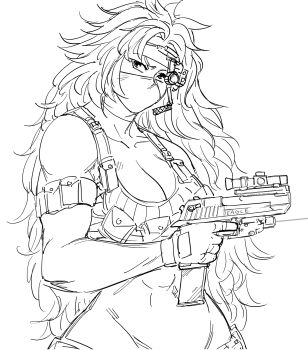 1girl abs arm_pouch arm_strap bad_id bare_shoulders bb_(baalbuddy) belt_pouch big_hair breasts cleavage commentary covered_mouth cowboy_shot curly_hair english_commentary female_focus fingerless_gloves gloves greyscale gun head_tilt headband highres holding holding_gun holding_weapon inactive_account large_breasts laser_pointer laser_sight long_hair looking_at_viewer mask microphone monochrome mouth_mask muscular muscular_female navel pouch queen&#039;s_blade risty_(queen&#039;s_blade) scope simple_background solo tank_top trigger_discipline very_long_hair weapon white_background wilderness_bandit_risty