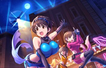3girls aircraft armpits artist_request bare_shoulders belt black_boots black_thighhighs boots bow breasts brown_eyes brown_hair choker dress elbow_gloves fingerless_gloves gloves hair_bow hairband helicopter highres hori_yuko idolmaster idolmaster_cinderella_girls idolmaster_cinderella_girls_starlight_stage katagiri_sanae large_breasts long_hair low_twintails multiple_girls night official_art oikawa_shizuku open_mouth sexy_guilty_(idolmaster) short_twintails sky sweatdrop thigh_boots thighhighs twintails zettai_ryouiki