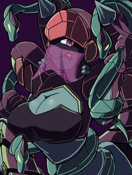 Rule 34 | 1girl, absurdres, armor, blue skin, breasts, cleavage cutout, clothing cutout, colored skin, commentary request, forked tongue, gloves, helmet, highres, lamia, large breasts, looking at viewer, luna platz (mega man), mega man (series), mega man star force (series), monster girl, mouth veil, purple armor, purple gloves, purple helmet, queen ophiuca (mega man), red eyes, shoulder armor, smile, snake, tongue, tongue out, veil, yellow eyes, zmts12gshokew