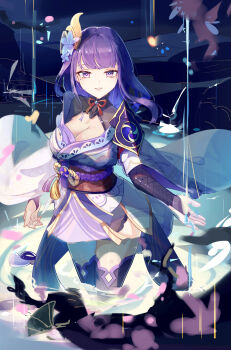 1girl abstract_background armor asymmetrical_sleeves blue_background blunt_bangs blurry braid breasts bridal_gauntlets cleavage commentary depth_of_field genshin_impact hair_ornament highres japanese_clothes kimono large_breasts lingerie long_braid maoao mole mole_under_eye neck_ribbon outdoors parted_lips pink_lips purple_eyes purple_hair purple_kimono purple_thighhighs raiden_shogun red_ribbon ribbon ripples shade shoulder_armor single_braid solo thighhighs thighs underwear uneven_sleeves upper_body water wide_sleeves