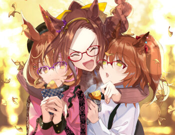 3girls :d ^_^ animal_ears arm_around_neck arm_around_shoulder aston_machan_(umamusume) blurry blurry_background bow braid brown_hair brown_sweater character_request closed_eyes collared_shirt commentary_request depth_of_field food forehead ginkgo_leaf glasses hair_bow highres holding holding_food horse_ears kabocha_(monkey4) leaf long_hair long_sleeves multiple_girls open_mouth over-rim_eyewear pink_nails pink_shirt ponytail puffy_long_sleeves puffy_sleeves purple-tinted_eyewear red-framed_eyewear ribbed_sweater roasted_sweet_potato sakura_bakushin_o_(umamusume) semi-rimless_eyewear shirt smile sweater sweet_potato tinted_eyewear turtleneck turtleneck_sweater umamusume v-shaped_eyebrows very_long_hair white_shirt yellow_bow