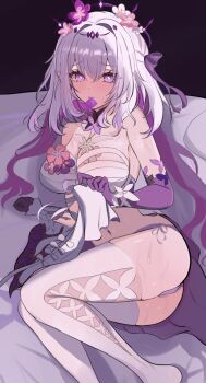 1girl ass asymmetrical_gloves black_tiara blush breasts castorice_(honkai:_star_rail) clothes_lift commentary_request condom condom_in_mouth dress dress_lift elbow_gloves flower gloves hair_flower hair_ornament highres honkai:_star_rail honkai_(series) large_breasts lifting_own_clothes long_hair lying mouth_hold no_shoes nuuuukoame on_bed on_side panties pointy_ears purple_eyes purple_gloves purple_hair purple_panties solo thighhighs tiara toes underwear uneven_gloves white_dress white_thighhighs