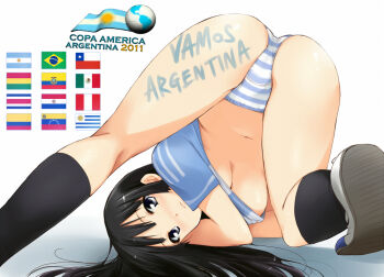 1girl akiyama_mio annotated argentina argentinian_flag argentinian_flag_print ass black_eyes black_hair brazil breasts chile colombia copa_america copa_america_2011 costa_rica ecuador female_focus flag flag_print k-on! kaiga kneehighs long_hair mexican_flag mexico no_pants panties paraguay peru portuguese_text shirt shoes soccer soccer_uniform socks solo spanish_text sportswear striped_clothes striped_panties striped_shirt thighs top-down_bottom-up underboob underwear uruguay uwabaki venezuela vertical-striped_clothes vertical-striped_shirt