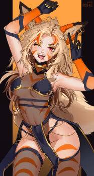 Rule 34 | 1girl, 2024, arcanine, boshke, ear piercing, earrings, face piercing, gen 1 pokemon, highres, jewelry, leotard, navel, nintendo, nose piercing, one eye closed, piercing, pink eyes, pokemon, second-party source, see-through clothes, standing, tongue, tongue out, tongue piercing, wink