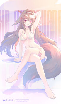 1girl absurdres alternate_costume animal_ear_fluff animal_ears arm_support arm_up armpits artist_name barefoot bikini breasts brown_hair brown_tail bytekun character_name closed_mouth clover clover_hair_ornament collarbone commentary_request crossed_legs droopy_ears feet full_body hair_ornament hairband highres leg_tattoo long_hair looking_at_viewer medium_breasts navel red_eyes shadow sitting skirt smile solo stomach swimsuit tail tattoo very_long_hair white_bikini white_hairband ye_shunguang zenless_zone_zero