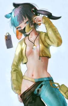 1girl absurdres advarcher aqua_hair belt blue_eyes blunt_bangs breasts canari_(pokemon) canari_(pokemon)_(cosplay) clothes_pull cosplay gradient_hair highres hololive hololive_english jacket long_hair mask_pull multicolored_hair navel ninomae_ina&#039;nis nintendo no_bra no_panties open_clothes open_jacket orange_hair pants pants_pull pokemon purple_hair shiny_skin solo standing tentacle_hair very_long_sleeves virtual_youtuber yellow_jacket