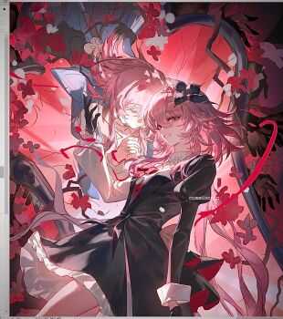 2girls black_dress black_flower black_gloves blue_jacket blue_skirt border breasts broken_mirror closed_eyes closed_mouth clothes_around_waist collarbone commission cowboy_shot dress dual_persona empty_eyes evernight_(honkai:_star_rail) floating_hair flower flower_ornament flying gloves hair_between_eyes hair_flower hair_ornament hand_up highres honkai:_star_rail honkai_(series) jacket lapels long_hair long_sleeves looking_at_viewer low_twintails march_7th_(honkai:_star_rail) march_7th_(preservation)_(honkai:_star_rail) medium_breasts mirror multiple_girls official_alternate_costume official_alternate_hairstyle own_hands_together pink_hair pleated_skirt puffy_long_sleeves puffy_sleeves red_eyes red_flower shirt short_hair sidelocks skirt smile smusmuye standing teeth twintails two-tone_dress unfinished upside-down wavy_hair white_border white_dress white_flower white_shirt