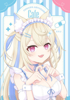 Rule 34 | 1girl, animal ear fluff, animal ears, apron, aqua hair, aqua nails, bandaid, bandaid hair ornament, blonde hair, breasts, character name, cleavage, collarbone, commentary request, dog ears, dog girl, four-finger heart hands, frilled apron, frilled hairband, frills, fuwawa abyssgard, hair ornament, hairband, heart, heart hands, highres, hololive, hololive english, long hair, looking at viewer, maid, maid apron, medium breasts, multicolored hair, open mouth, piatin, pink eyes, smile, solo, upper body, very long hair, virtual youtuber, white apron, wrist cuffs