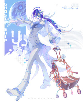 1other absurdres androgynous blue_eyes blue_hair coat commentary_request english_text fajyobore galaxy gloves hair_between_eyes hand_up highres holding holding_suitcase hole_in_head light_bulb long_hair long_sleeves looking_at_viewer one-eyed open_mouth original pants planet ponytail shoes simple_background smile solo sparkle steampunk suitcase tailcoat white_background white_coat white_gloves white_pants white_shoes