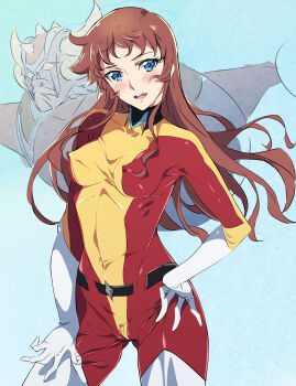 1girl :d absurdres blue_eyes bodysuit breasts brown_hair covered_erect_nipples gloves grendizer highres horns long_hair looking_at_viewer maria_grace_fleed mazinger_(series) mecha niko_(tama) open_mouth red_bodysuit robot skin_tight smile solo standing super_robot ufo_robo_grendizer