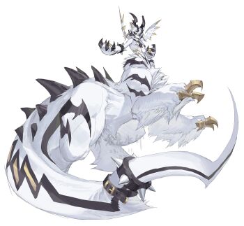 Rule 34 | 1boy, absurdres, animal ears, animal hands, black collar, black eyes, black horns, black sclera, body fur, bracelet, bright pupils, centauroid, claws, closed mouth, collar, colored sclera, colored skin, commentary, commission, ear piercing, english commentary, extra ears, full body, hair between eyes, hands up, head wings, highres, horns, jewelry, leviair, long hair, looking at viewer, male focus, monster boy, multicolored eyes, multiple horns, original, piercing, simple background, solo, spiked bracelet, spiked collar, spikes, spines, standing, tail, tail strap, taur, watermark, white background, white fur, white hair, white skin, white wings, wings, yellow eyes