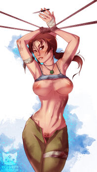 1girl bdsm bondage bound breasts brown_hair highres jewelry lara_croft large_breasts necklace ninjakitty nipples pubic_hair pussy rope tomb_raider uncensored watermark