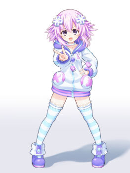 1girl absurdres choker d-pad d-pad_hair_ornament full_body hair_ornament highres jacket legs_apart long_sleeves looking_at_viewer matching_hair/eyes neptune_(neptunia) neptune_(series) parka purple_eyes purple_hair shionic_zm short_hair smile solo striped_clothes striped_legwear striped_thighhighs thighhighs v white_background white_choker white_jacket