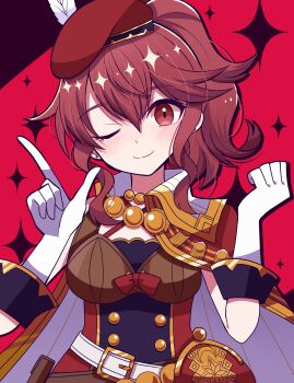 1girl ;) absurdres alternate_costume anna_(fire_emblem) belt beret blush breasts buttons cape coin_purse ear_piercing feathers fire_emblem fire_emblem_warriors gloves hair_between_eyes hands_up hat highres l_hand looking_at_viewer medium_breasts motiumai nintendo non-web_source one_eye_closed piercing ponytail red_eyes red_hair sidelocks simple_background smile solo white_belt white_gloves