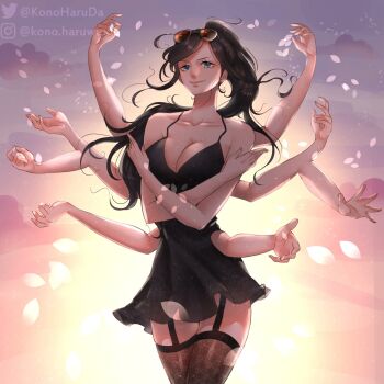 Rule 34 | 1girl, alternate legwear, black hair, blue eyes, breasts, cleavage, collarbone, cowboy shot, crossed arms, devil fruit power, extra arms, eyewear on head, garter straps, hana hana no mi, highres, instagram username, konoharuda, looking at viewer, nico robin, nico robin (dressrosa), one piece, petals, ponytail, portuguese commentary, smile, solo, sunglasses, sunset, swept bangs, thighhighs, twitter username
