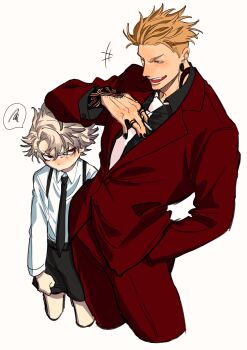 2boys alternate_costume arm_on_another's_head arm_tattoo between_fingers black_nails black_necktie black_shirt black_shorts blonde_hair cigarette closed_mouth collared_shirt commentary_request cropped_legs earrings enjin_(gachiakuta) formal_clothes gachiakuta grey_hair hand_in_pocket height_difference highres holding holding_cigarette jacket jewelry looking_at_another male_focus multiple_boys necktie open_mouth pants red_eyes red_jacket red_pants red_suit rudo_surebrec shirt short_hair shorts spoken_squiggle squiggle suit suspenders tattoo teeth undercut white_background white_necktie white_shirt yellow_eyes yowamushi071