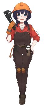 1girl :d absurdres artist_name asaka_karin blue_eyes blue_hair blunt_bangs blush breasts brown_overalls brown_shoes collarbone collared_shirt commentary commission cosplay dark_blue_hair engineer_(tf2) engineer_(tf2)_(cosplay) grey_shirt hand_on_own_hip hard_hat helmet highres hito_(maruhito) holding holding_wrench looking_at_viewer love_live! love_live!_nijigasaki_high_school_idol_club medium_breasts medium_hair open_mouth orange_helmet overalls red_engineer_(tf2) red_shirt shirt shoes signature simple_background smile solo standing stuffed_animal stuffed_panda stuffed_toy tachi-e team_fortress_2 white_background wrench