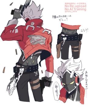1boy artist_name belt billy_kid black_belt black_pants chain commentary_request cowboy_shot cropped_jacket cropped_legs cyborg dual_wielding gun hally hand_up handgun holding holding_gun holding_weapon holster holstered jacket long_sleeves looking_at_viewer male_focus multiple_views open_clothes open_jacket pants red_jacket shell_casing short_hair simple_background speech_bubble spiked_hair studded_belt thigh_holster thigh_strap translation_request twitter_username upper_body wallet_chain watermark weapon white_background white_hair yellow_eyes zenless_zone_zero