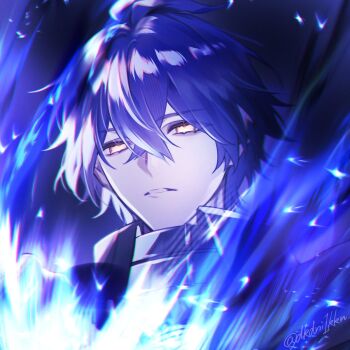 Rule 34 | 1boy, ahoge, antenna hair, blue background, blue hair, commentary request, crossed bangs, dkdni1kkn, empty eyes, flins (genshin impact), genshin impact, hair between eyes, high collar, highres, long hair, male focus, solo, teeth, upper body, watermark, yellow eyes