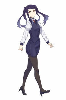 1girl asakiri_koko black_pantyhose black_shoes blue_skirt blue_vest collared_shirt commentary_request full_body high_heels highres jill_stingray long_hair long_sleeves looking_at_viewer necktie pantyhose pencil_skirt purple_hair red_eyes red_necktie shirt shoes sidelocks simple_background skirt solo swept_bangs twintails va-11_hall-a vest walking white_background white_shirt