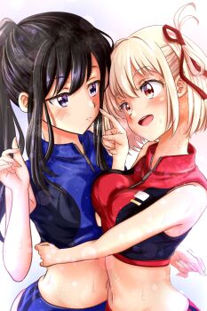 black_hair blonde_hair blush breast_press breasts cheek_poking commentary_request highres inoue_takina kakikakilemon large_breasts long_hair looking_at_another lycoris_recoil medium_breasts nishikigi_chisato open_mouth poking ponytail purple_eyes red_eyes red_ribbon ribbon ribbon_hair short_hair simple_background sports_panties sportswear sweat white_background