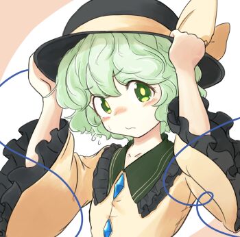 1girl black_hat blush bow bright_pupils buttons closed_mouth commentary_request diamond_button frilled_shirt_collar frilled_sleeves frills green_eyes green_hair hands_on_headwear hat hat_bow komeiji_koishi long_sleeves shirt short_hair solo sweat touhou uisu_(noguchipint) upper_body yellow_pupils yellow_shirt