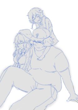 1boy 2girls :d absurdres amane_suzuha amane_yuki baseball_cap bibi_(coffe) breasts child closed_eyes commentary_request fat fat_man father_and_daughter hashida_itaru hat highres long_hair monochrome mother_and_daughter multiple_girls open_mouth science_adventure short_hair simple_background sitting smile steins;gate steins;gate_0 white_background