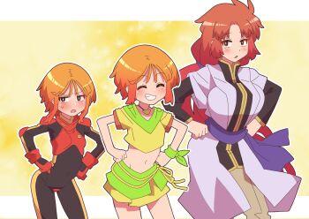 Rule 34 | 3girls, absurdres, breasts, closed eyes, commentary request, covered navel, cowboy shot, elpeo puru, gloves, gundam, gundam zz, highres, large breasts, light blush, long hair, looking at viewer, marida cruz, mecha pilot suit, midriff, military uniform, multiple girls, navel, neo zeon, normal suit (gundam), onimaru (onimal7802), orange hair, puru two, red gloves, red hair, science fiction, short hair, skirt, small breasts, smile, standing