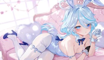 1girl absurdres alternate_costume animal_ear_hairband animal_ears arm_support bare_shoulders blue_eyes blue_hair blue_leotard blue_shoes blush breasts commentary_request couch detached_collar drop-shaped_pupils fake_animal_ears furina_(genshin_impact) genshin_impact gloves grey_hair hairband half_gloves heterochromia high_heels highres indoors leotard long_hair looking_at_viewer lying nontraditional_playboy_bunny on_couch on_stomach pantyhose parted_lips playboy_bunny rabbit_ear_hairband rabbit_ears rabbit_tail riku_(rrr_gns) shoes small_breasts solo strapless strapless_leotard symbol-shaped_pupils tail wavy_hair white_pantyhose