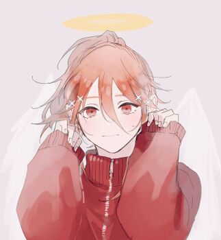 1boy alternate_hairstyle androgynous angel_devil_(chainsaw_man) angel_wings arms_up chainsaw_man closed_mouth commentary_request hair_between_eyes hair_up halo jacket long_sleeves looking_at_viewer macoshu male_focus ponytail red_eyes red_jacket simple_background sleeves_past_wrists solo upper_body white_wings wings zipper zipper_pull_tab