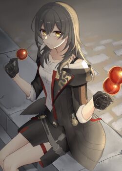 1girl absurdres black_gloves black_jacket black_skirt bra_strap brick_road chinese_clothes closed_mouth commentary_request eating feet_out_of_frame food food_on_face gloves grey_hair hair_between_eyes highres holding holding_food holding_skewer honkai:_star_rail honkai_(series) jacket long_hair looking_at_viewer official_alternate_costume shirt sitting skewer skirt solo stelle_(honkai:_star_rail) stelle_(vim_and_vigor)_(honkai:_star_rail) tanghulu thigh_strap trailblazer_(honkai:_star_rail) white_shirt yellow_eyes yukomizawa