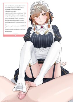 1boy 1girl ahoge blush bottomless braid breasts brown_eyes brown_hair commentary convenient_censoring english_commentary english_text feet flower footjob footjob_with_legwear garter_straps hair_between_eyes hair_flower hair_ornament hetero highres klara_charmwood klara_charmwood_(1st_costume) knees_up kuon_bb legs maid maid_headdress marshmallow_(site) medium_breasts medium_hair nijisanji nijisanji_en no_shoes penis request_inset smile spread_toes thighhighs toes twin_braids veins veiny_penis virtual_youtuber white_thighhighs