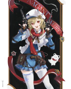 1girl :d bear beret black_gloves blonde_hair commentary_request cowboy_shot dual_wielding fingerless_gloves gas-seal_revolver girls&#039;_frontline girls&#039;_frontline_2:_exilium gloves gun handgun hands_up hat hat_feather highres holding long_sleeves looking_at_viewer medium_hair nagant_(girls&#039;_frontline_2) nagant_m1895 nagant_revolver_(girls&#039;_frontline) open_mouth red_eyes red_ribbon red_scarf revolver ribbon scarf simple_background smile smoke smoking_barrel solo standing thighhighs vvv_rendez weapon white_hat white_thighhighs