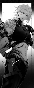 1girl abs bare_shoulders ear_piercing earrings gloves highres jewelry looking_at_viewer meitangsiyan monochrome navel pants path_to_nowhere piercing sleeveless solo tattoo toned toned_female zoya_(path_to_nowhere)