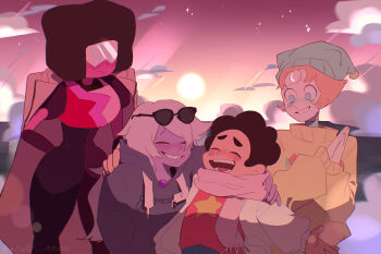 1boy 3girls absurdres afro amethyst_(steven_universe) blush child colored_skin eyewear_on_head garnet_(steven_universe) gem_(steven_universe) grin hat highres mea_mewni multiple_girls official_alternate_costume pearl_(species)_(steven_universe) pearl_(steven_universe) puffy_short_sleeves puffy_sleeves short_sleeves smile steven_quartz_universe steven_universe sunglasses