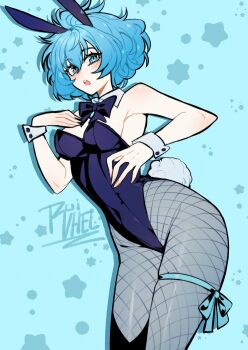 1girl :o animal_ears blue_background blue_eyes blue_hair blush commentary cowboy_shot detached_collar drag-on_dragoon drag-on_dragoon_3 english_commentary fake_animal_ears fake_tail fishnet_pantyhose fishnets hair_between_eyes highres leotard looking_at_viewer pantyhose playboy_bunny rabbit_ears rabbit_tail ruivhel short_hair signature solo star_(symbol) star_symbol_background strapless strapless_leotard tail two_(drag-on_dragoon) wrist_cuffs
