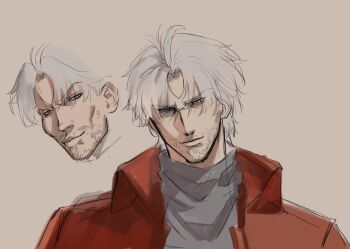 1boy absurdres beard blue_eyes commentary curtained_hair dante_(shadow_slave) english_commentary facial_hair furrowed_brow grey_shirt head_tilt high_collar highres jacket logicsterrr looking_at_viewer male_focus multiple_views red_jacket shadow_slave shirt short_hair smile smirk upper_body white_hair