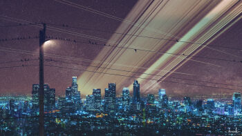 absurdres artist_name bird building chinese_commentary city city_lights commentary_request dated floodlights highres kinoko_no_sato night night_sky no_humans original outdoors photorealistic planetary_ring power_lines realistic scenery science_fiction signature sky skyscraper star_(sky) starry_sky utility_pole watermark