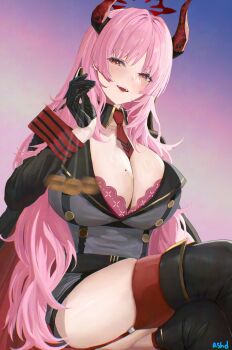 1girl asurada_yui black_gloves black_jacket blue_archive blush boots bra bra_peek breasts cleavage coin coin_on_string eyeliner gloves half_gloves halo highres holed_coin horns huge_breasts hypnosis jacket lace lace-trimmed_bra lace_trim long_hair makeup mind_control mole mole_on_breast necktie open_mouth parted_bangs partially_unbuttoned pendulum pink_eyes red_eyes red_thighhighs revision satsuki_(blue_archive) smile solo thighhighs thighhighs_under_boots underwear