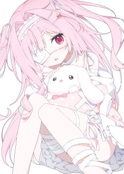 Rule 34 | 1girl, absurdres, bandages, bare shoulders, blush, commentary request, commission, dot nose, eyepatch, fang, feet out of frame, frilled hairband, frills, hair intakes, hairband, highres, knees up, long hair, looking at viewer, open mouth, original, pink hair, pink hairband, red eyes, shirt, simple background, sitting, skeb commission, skin fang, solo, stuffed animal, stuffed rabbit, stuffed toy, two side up, urotsuki (ku9625), white background, white shirt
